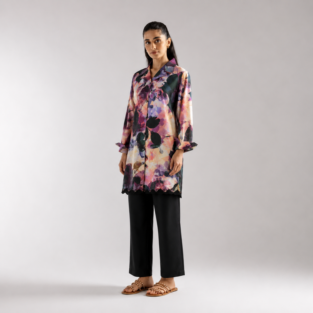 Women's Floral Print Longline Tunic with Black Pants